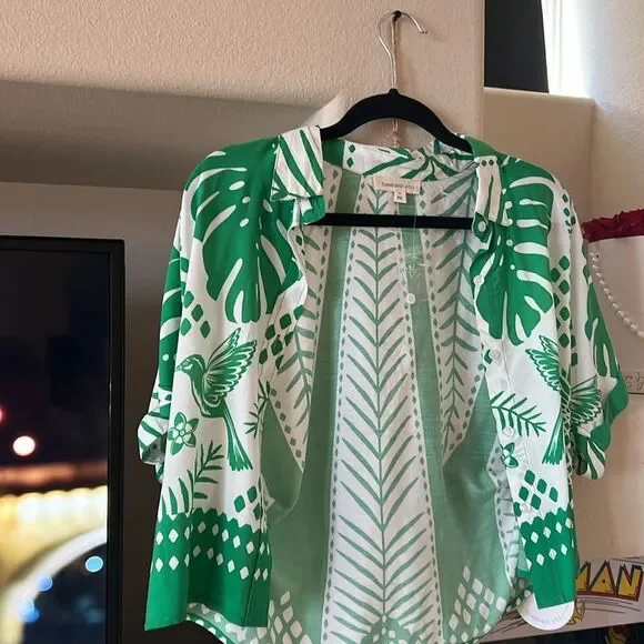 NWT Coord Set Sunburst Kiss White/Green Wide Pants Tropical Palm Print SET - Picture 7 of 8